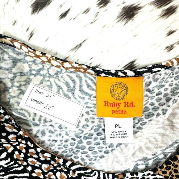 Ruby Rd. Soft Striped Animal Print Embellished Neck Side Drawstring Top Size L - Picture 4 of 5